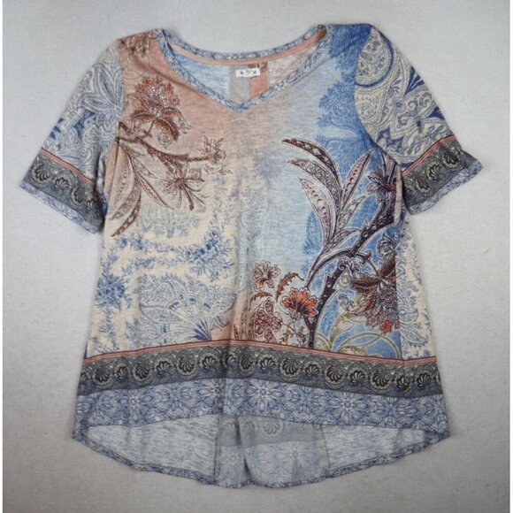 WESTPORT - WOMEN'S BLUE & PINK PRINT SHORT SLEEVE T-SHIRT SWEATER TOP - XL - Picture 2 of 7